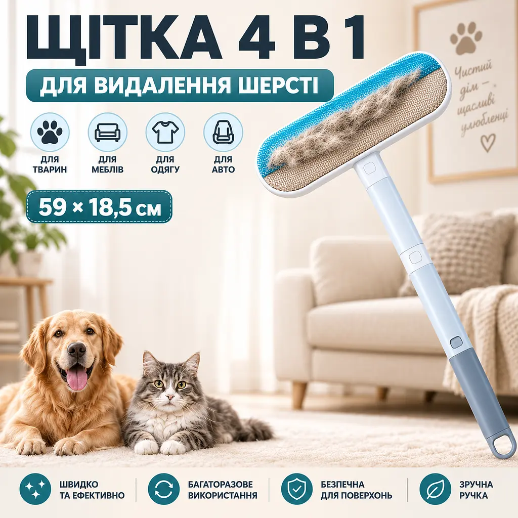 Щітка 4 в 1 для видалення шерсті тварин, чищення меблів, килимів, одягу та вікон з довгою ручкою 59 см-KT9004202
