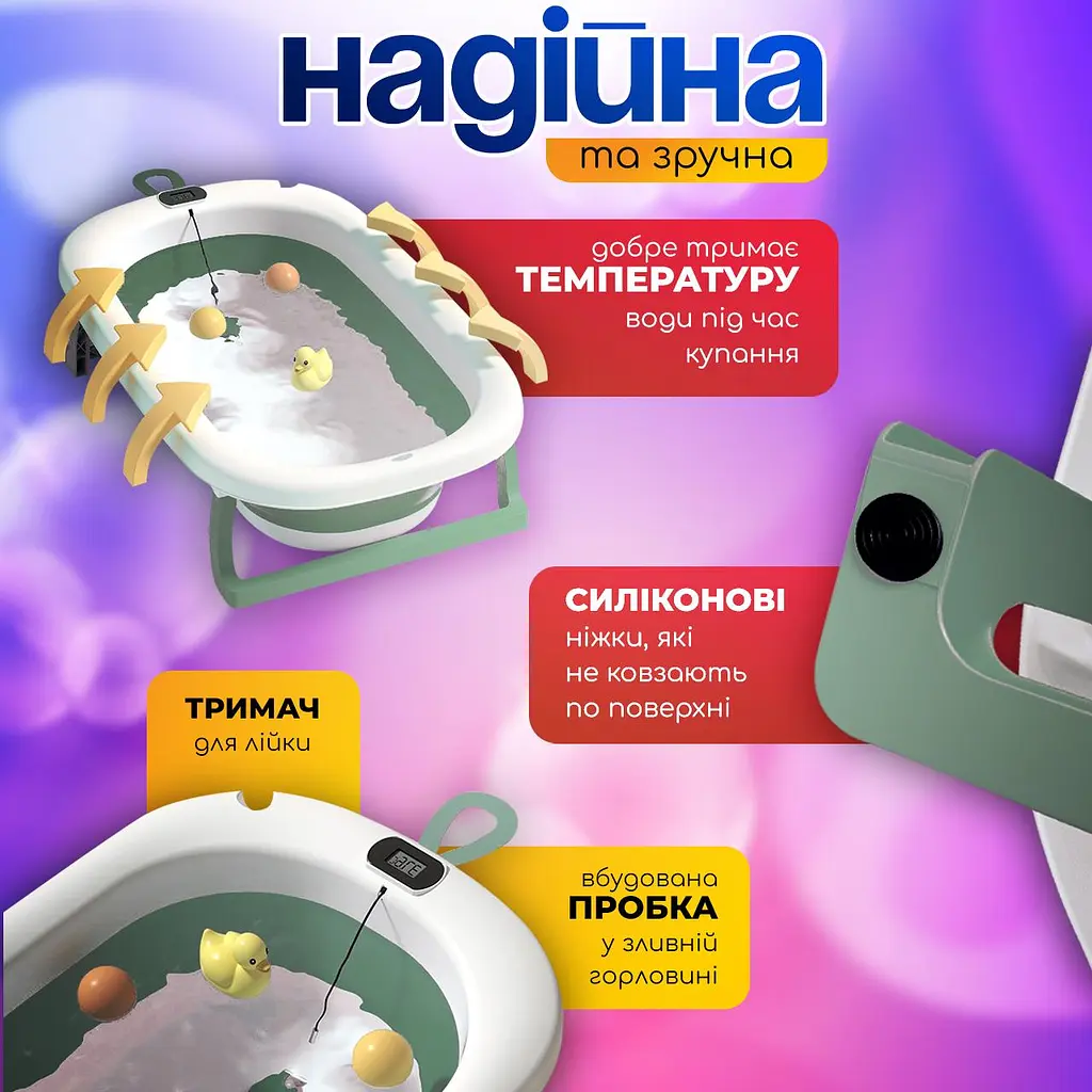 Ванночка дитяча складна з матрациком для для купання, з термометром, та зливом, для новороджених та немовлят від 0 до 2.5р. (біло-зелена сolombokid) - фото 5