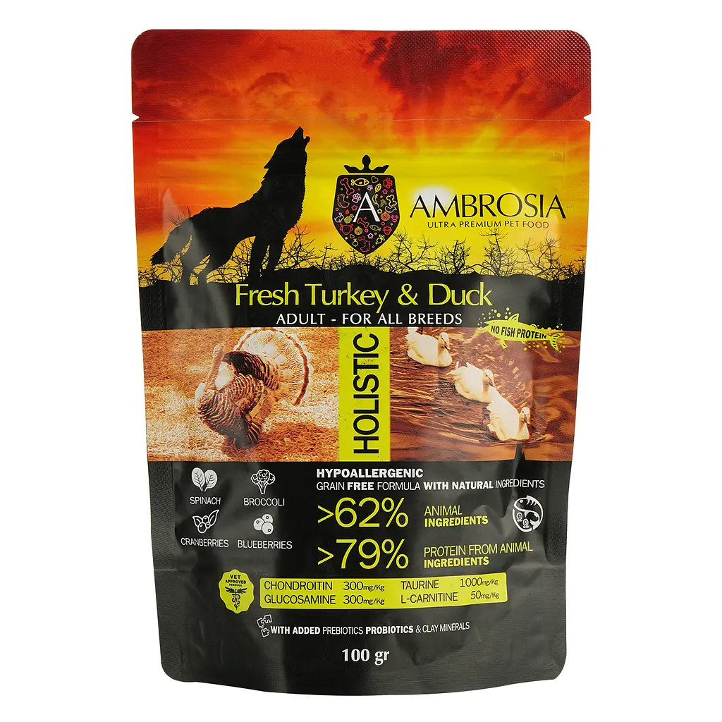 Набір: Корм сухий Ambrosia Grain Free Dog Adult Fresh Turkey & Duck для дорослих собак зі свіжою індичкою та качкою 100 г + Ambrosia Grain Free Dog Adult Sensitive Fresh Turkey & Rabbit для дорослих собак зі свіжою індичкою та кроликом 100 г - фото 2