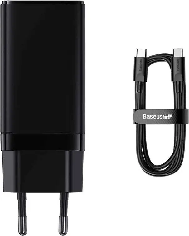 Мережевий зарядний пристрій Baseus GaN5 Pro 2C+U 65W EU with Type-C to Type-C 1m black (CCGP120201)