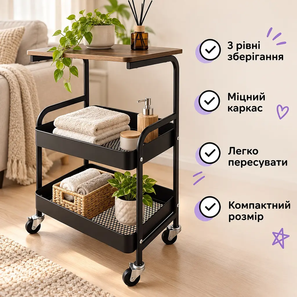 Етажерка на колесах 3 яруси метал стільниця під дерево 43×30×77 см чорна - фото 5