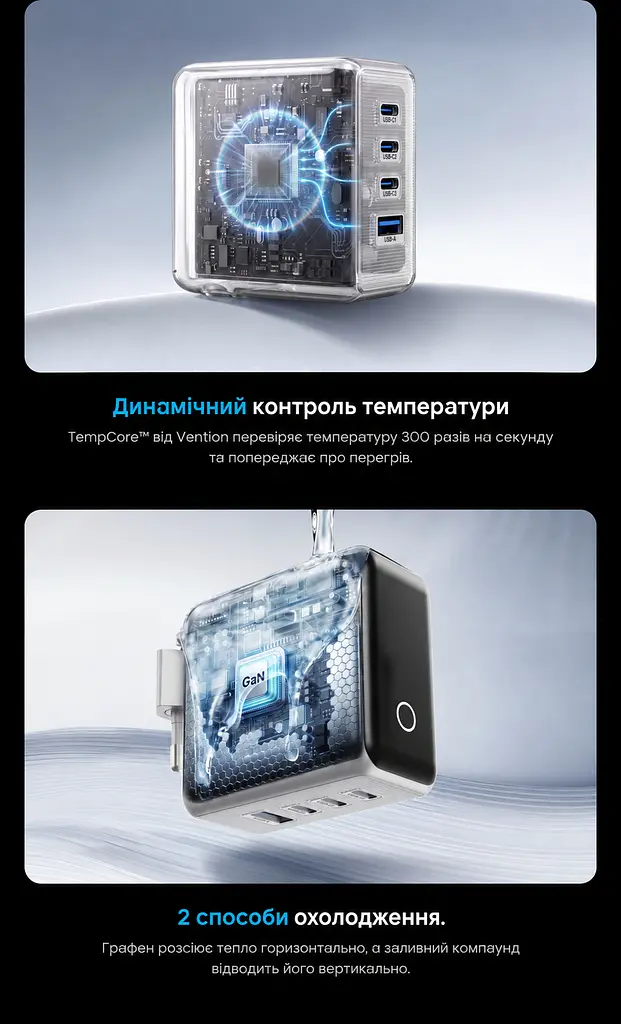 Мережевий GaN зарядний пристрій Vention Dash Pro загальною потужністю до 140 Вт 3 USB-C + 1 USB-A з TFT-дисплеєм сірий (TZ-FCOH0-EU) - фото 12
