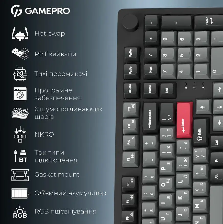 Клавіатура ігрова механічна GamePro MK-305-BK Asgard Drakkar Keychron Super Red Switch Bluetooth 5.2/2.4 ГГц/USB Black - фото 16
