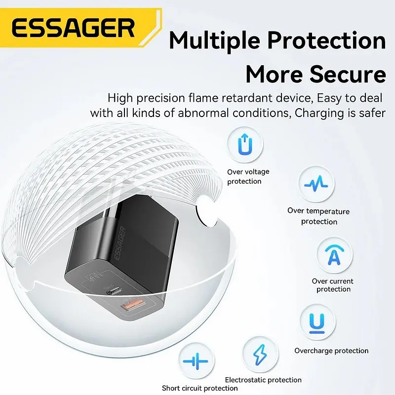 Мережевий зарядний пристрій Essager Pinchen 33W USB A + TYPE C Чорний (ECTAC-PCB01-P) - фото 9