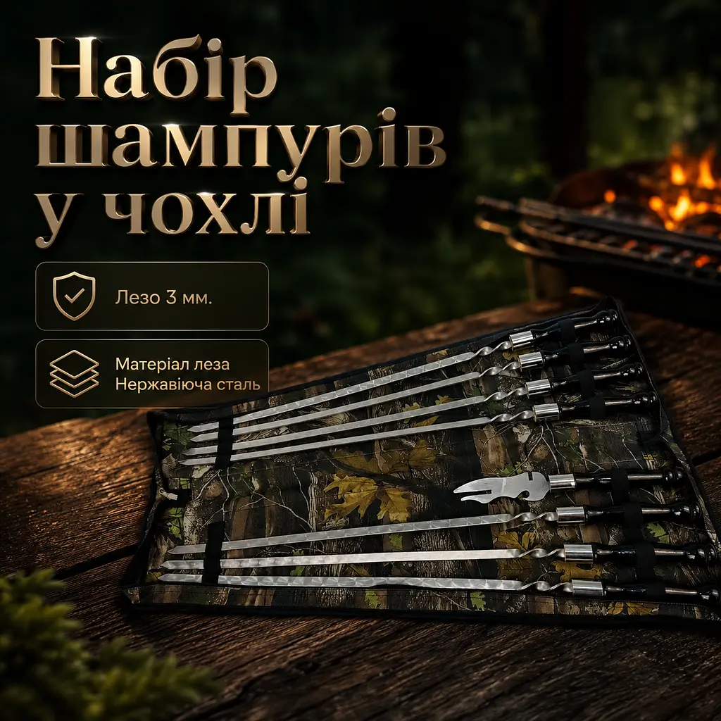 Набір шампурів "BLACK" у чохлі - книжці, 7 шт з нержавіючої сталі і вилка-ніж для м’яса - фото 2
