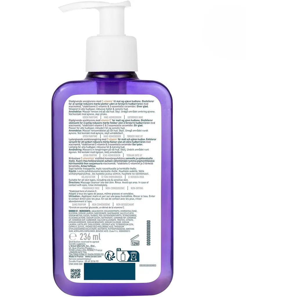 Очищуючий гель Cerave Brightening Vitamine C Cleanser з вітаміном С для надання сяйва та вирівнювання тону шкіри обличчя 236 мл - фото 2