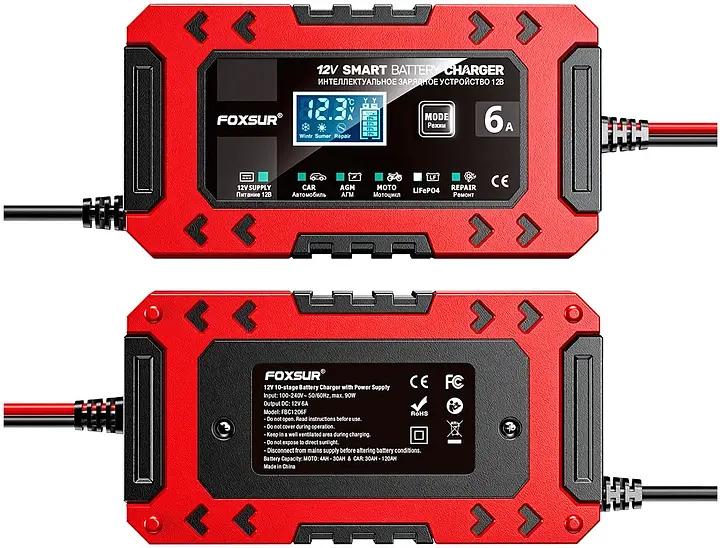 Автомобільний зарядний пристрій Foxsur FBC1206F 12V/6А Автоматичний імпульсний з функцією відновлення Red (19424) - фото 3