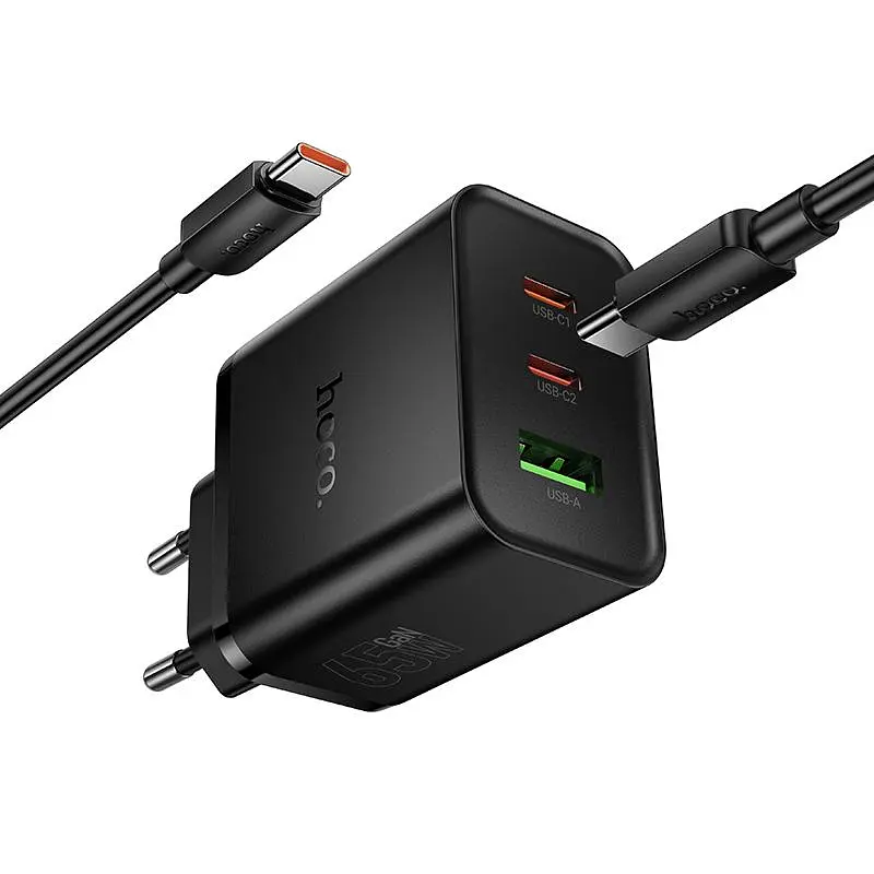 МЗП Hoco N75 Grande 65W QC+PD (1USB-A/2C) + кабель Type-C to Type-C Black - фото 5