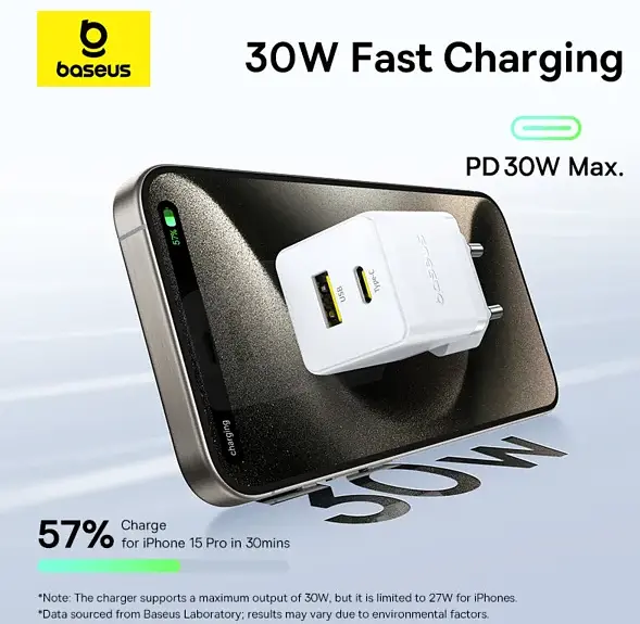 Быстрый зарядный кабель Baseus Palm Fast Charger C+U 30 W + Cable Type-C to Type-C P1011160A213-01 Белый - фото 2