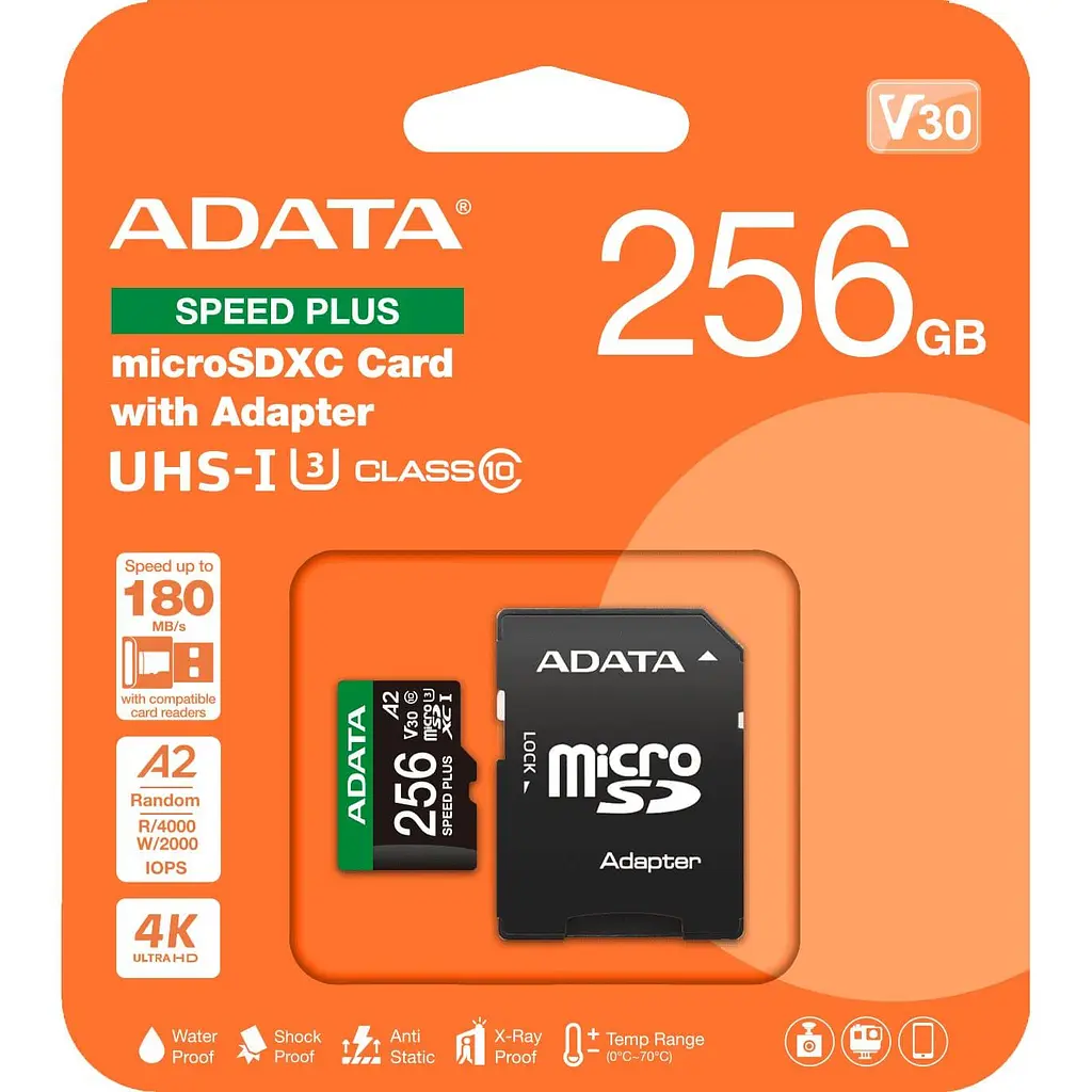 Карта пам'яті Adata microSDXC (UHS-1 U3) A-DATA SPEED PLUS 256Gb Class 10 V30 A2 (R-180Mb/s W160Mb/s) (adapter SD) (UD256GUI3V30A2SP-RA1) - фото 3