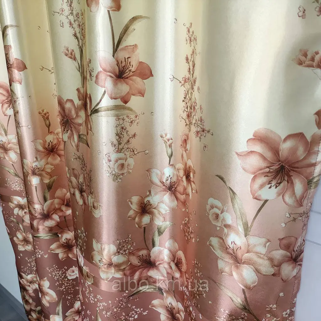 Атласні штори з квітами коричневого кольору 150х270 з тюлистом батистовим 400х270 на тасьме ALBO pbe0052700 - фото 3