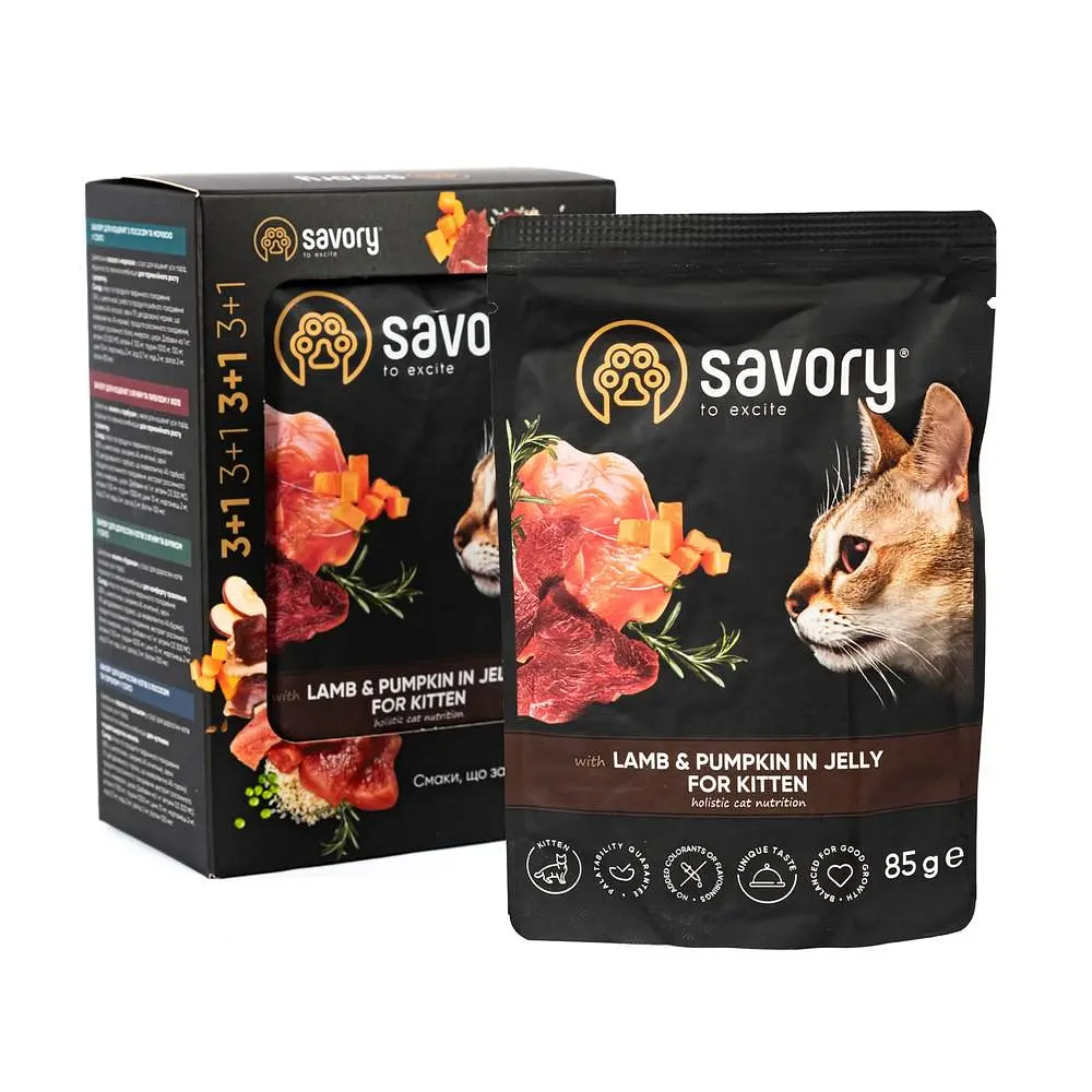 Набор паучей Savory Kitten 3+1 для котят ягненок с тыквой в желе 85 г - фото 2