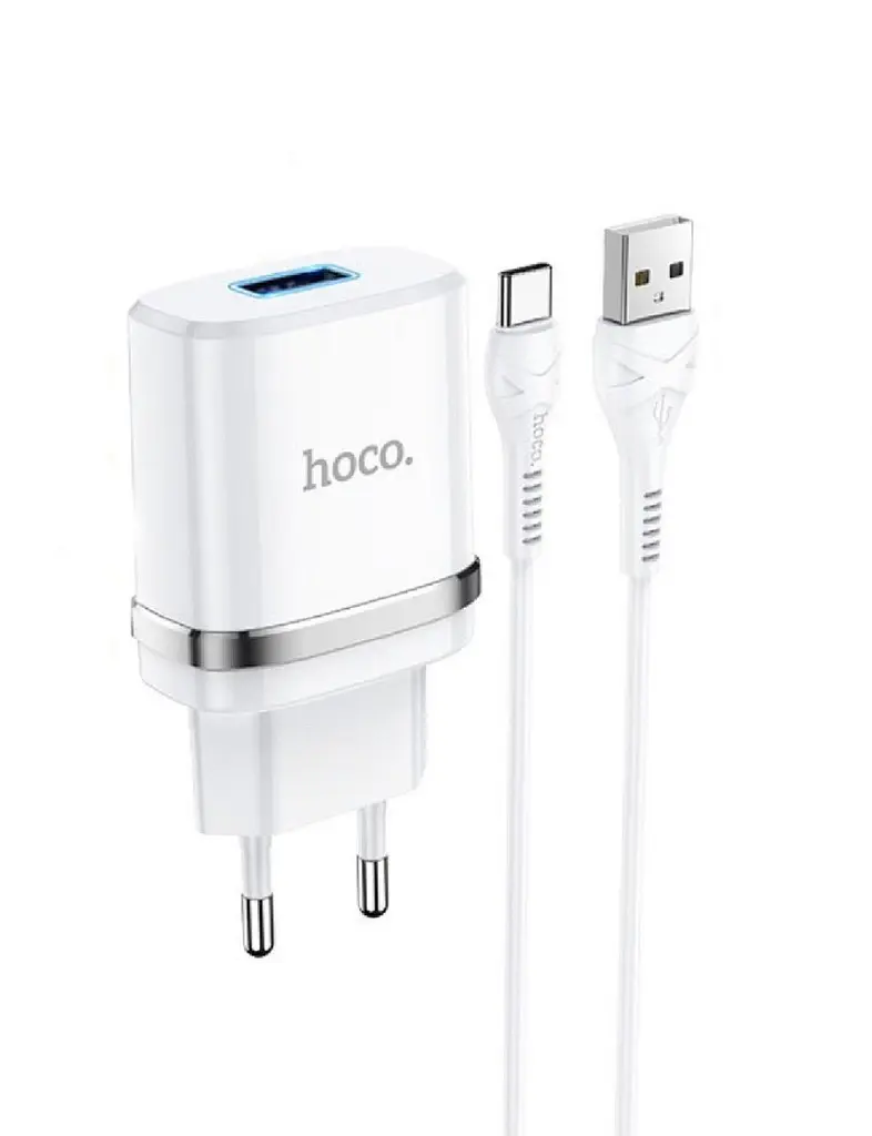Мережевий зарядний пристрій Hoco N1, 12W 2.4 A з USB-роз'ємом і кабелем Type-C у комплекті білий - фото 5