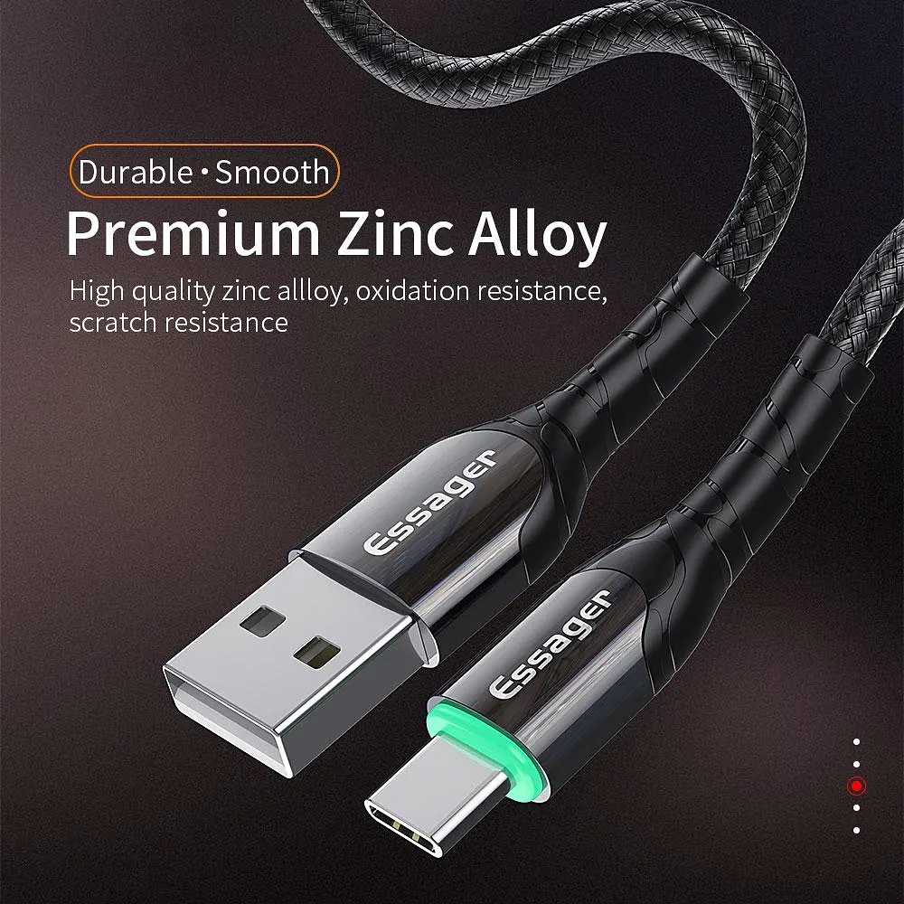 Зарядний кабель Zink чорний з підсвічуванням ESSAGER USB Type-C 3A 1метр - фото 3