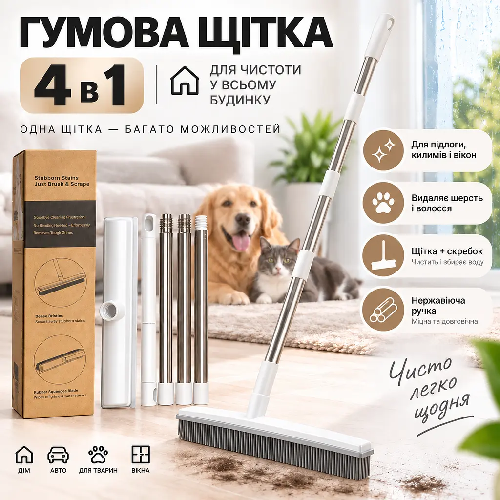 Універсальна гумова щітка-швабра 4 в 1 для підлоги, килимів, шерсті та вікон, ручка з нержавіючої сталі KT9005101