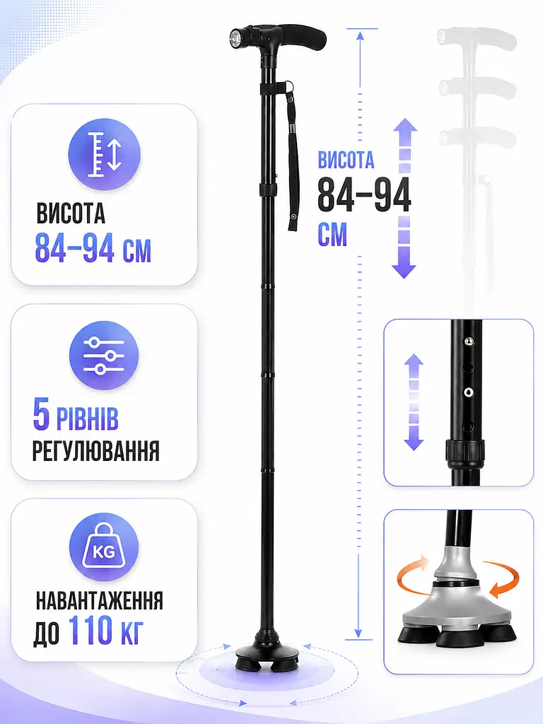 Тростина складна телескопічна з ліхтариком і потрійною опорою 84–94 см чорна (49676039) - фото 3