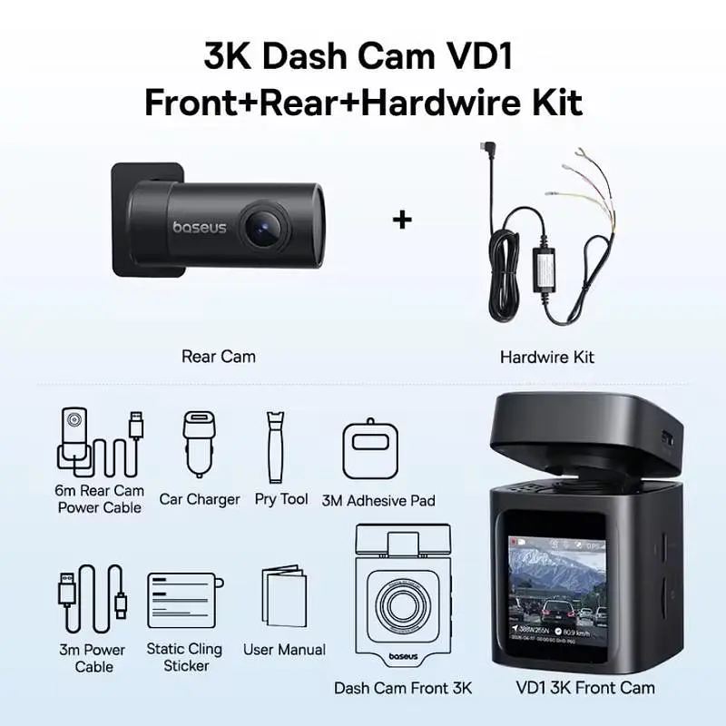 Відеореєстратор Baseus PrimeTrip VD1 Dash Cam 3K + 1080p Cosmic C01159003K + кабель + камера - фото 9