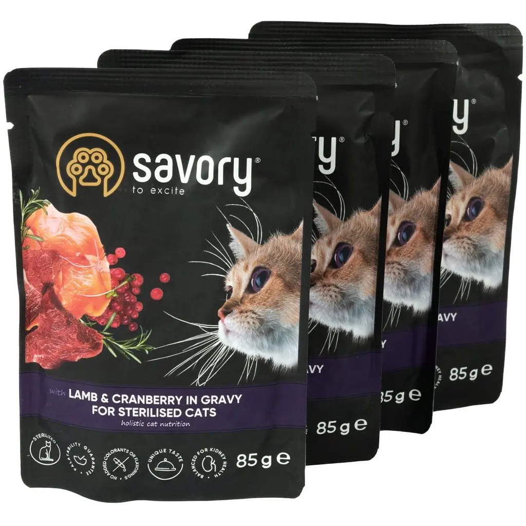 Набір вологих кормів Savory 3+1 для стерилізованих котів, ягня з журавлиною у соусі 340 г (4 шт. х 85 г) - фото 4