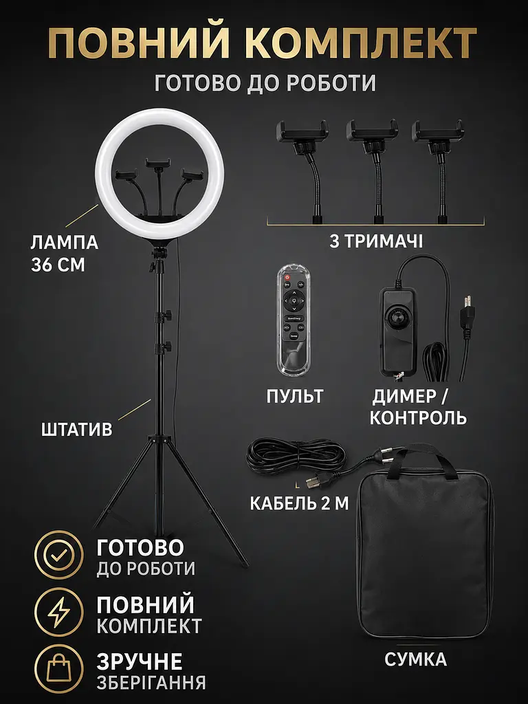 Кільцева LED лампа 36 см зі штативом, пультом, 3 тримачами та сумкою біла (49676160) - фото 8