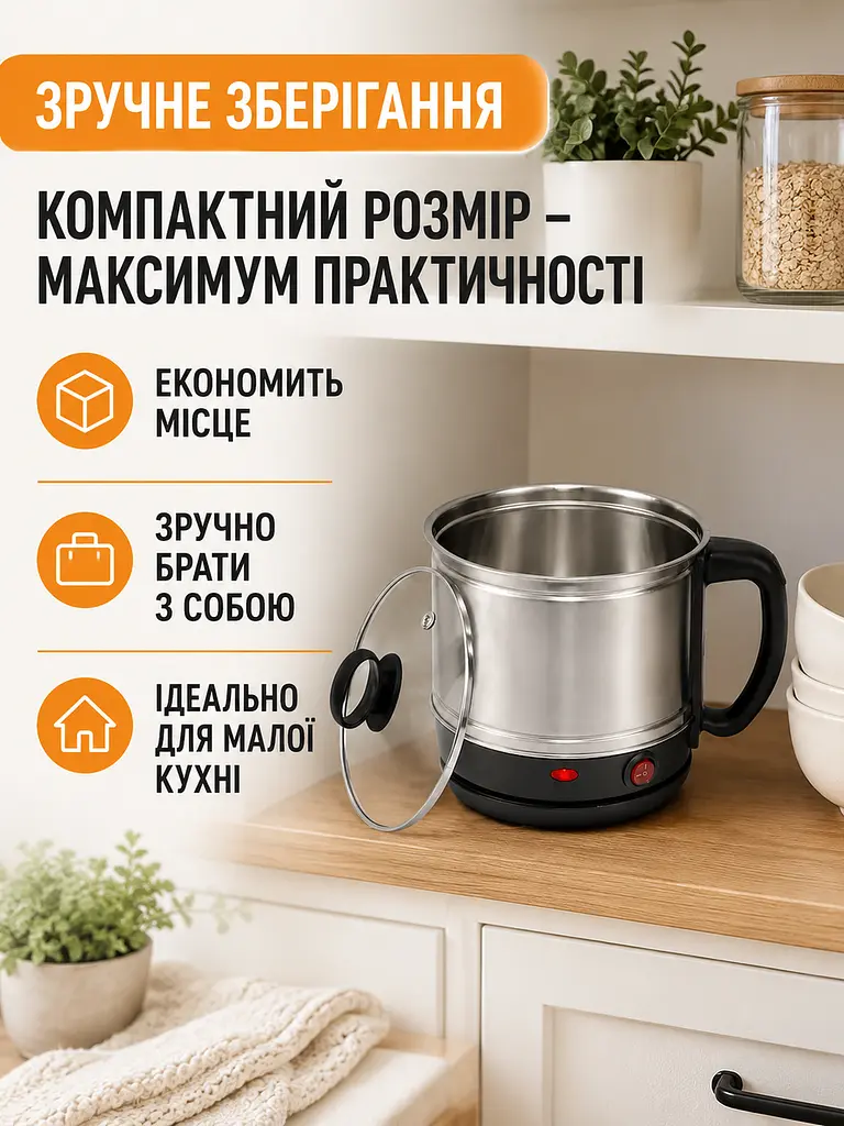 Міні-каструля електрична 1.5 л 600 Вт сріблясто-чорна (49676072) - фото 5