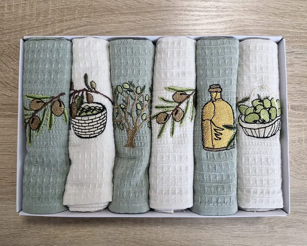 Набір рушників для кухні Nilteks 6 штук 40х60 вафельні з вишивкою Olive 3 - фото 3