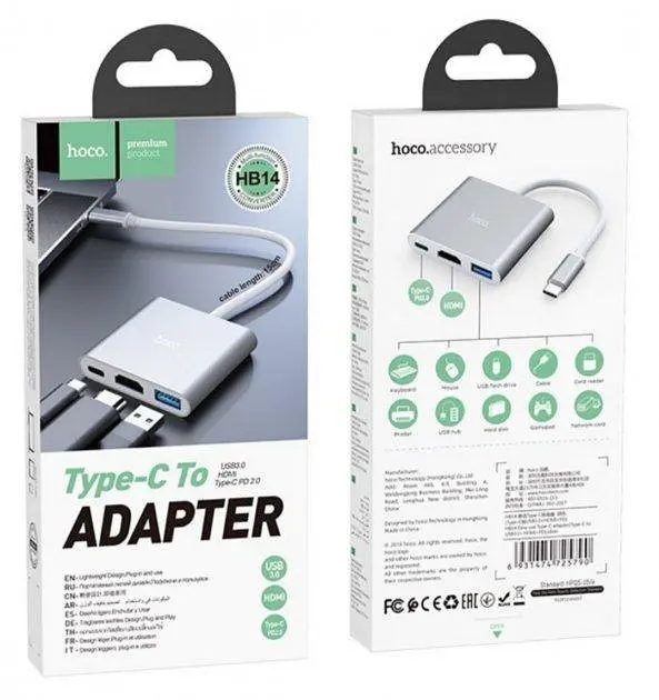 USB Хаб Hoco HB14 Type-C USB 3.0 Silver - фото 3