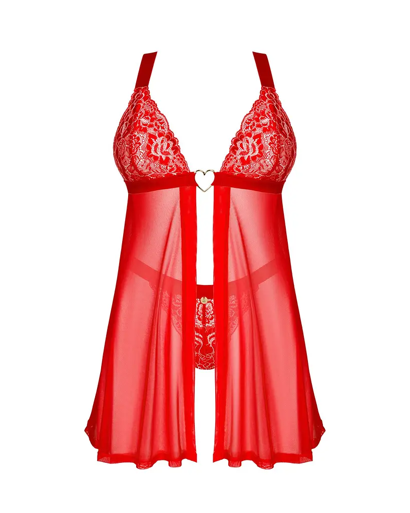 Бебі-дол Obsessive Elianes babydoll & thong, XS/S, червоний, мереживний ліф, трусики-танга в наборі - фото 3