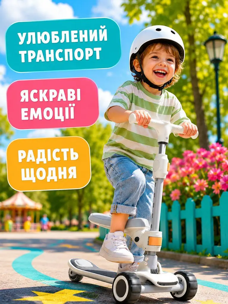Дитячий самокат-біговел 2в1 білий із сидінням музикою та підсвічуванням коліс (49675961) - фото 7