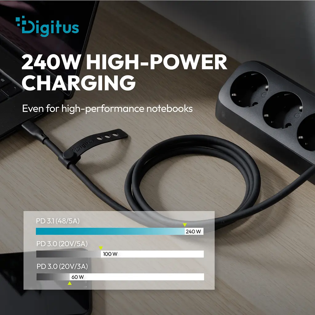 Кабель Digitus USB-C > USB-C заряджання/синхронізації, USB4 2.0, 80G, 240W, 16K, силіконовий, 1м, чорний - фото 3