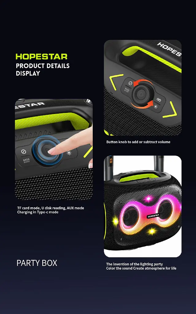 Бездротова портативна колонка Bluetooth з 2 мікрофонами Караоке BT5.3/USB/AUX/TF, 120 Вт, TWS, 8h Hopestar PARTYBOX - фото 2