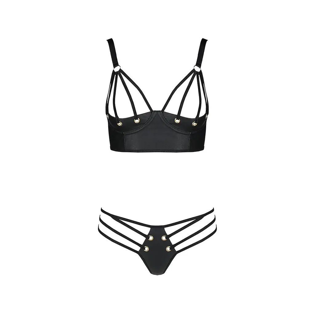 Комплект з екошкіри з люверсами та ремінцями Passion MALWIA BIKINI L/XL, black, бра та трусики - фото 3