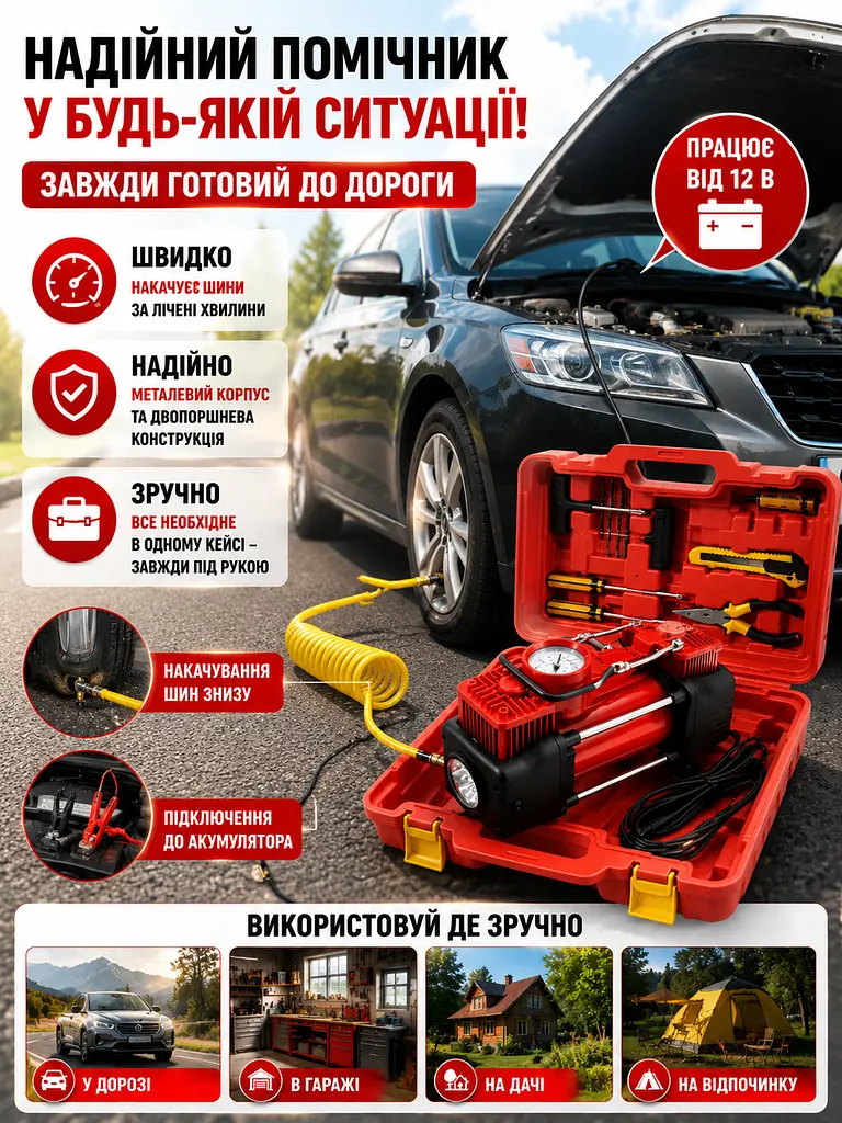 Автомобільний двопоршневий компресор 12 В червоний з набором інструментів (49675974) - фото 4