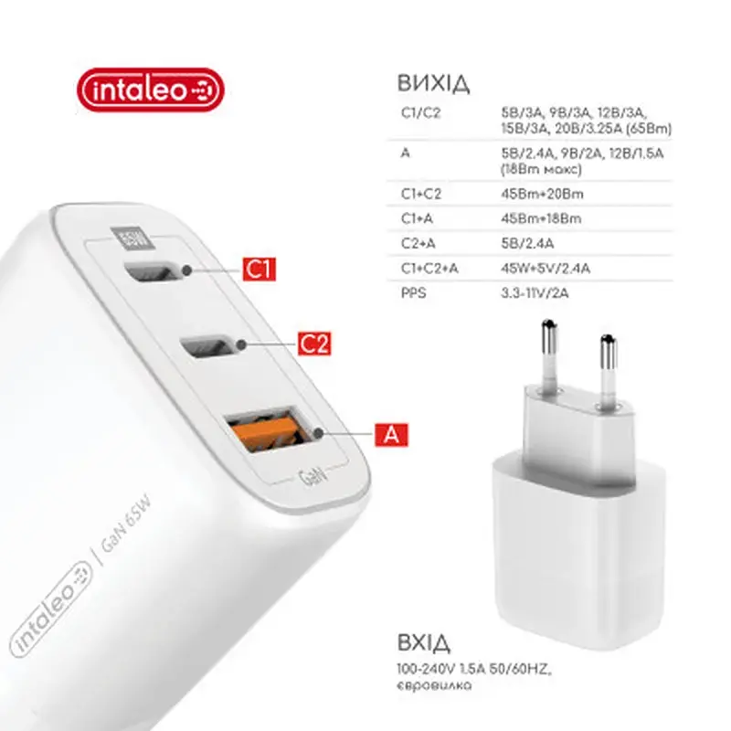 Зарядний пристрій Intaleo 65W GAN 2USB-C PD+USB-A QC 3.0 white (1283126559525) - фото 3