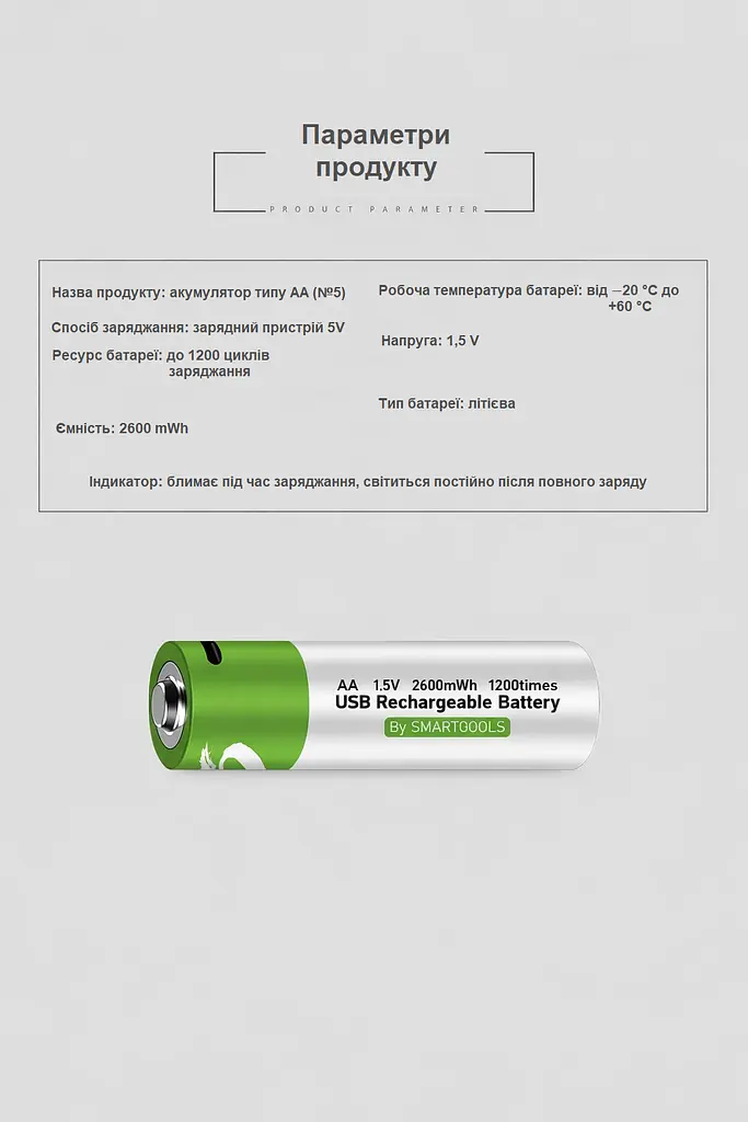 Акумулятори SMARTOOOLS AA 1.5V Li-ion Type-C, 2600 mWh, швидка зарядка 1.5 год, 2 шт + кабель - фото 8