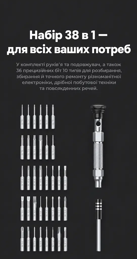 Набір прецизійних викруток для ремонту електроніки UGREEN UT110 1 руків’я 1 подовжувач 36 біт 10 типів магнітне утримання (15354) - фото 2