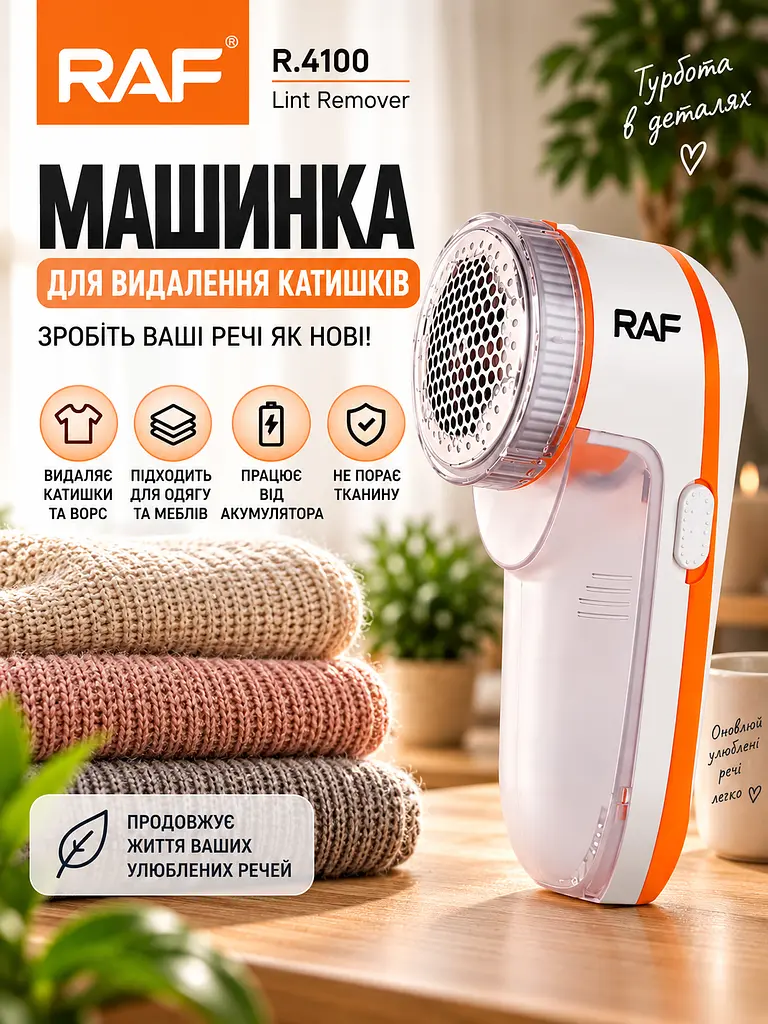 Акумуляторна машинка для видалення катишків із 3 ножами 45 мм Lint Remover RAF R.4100 прилад для зняття ковтунців з одягу та насадкою для чищення меблів з знімним резервуаром Білий з помаранчевим - фото 3