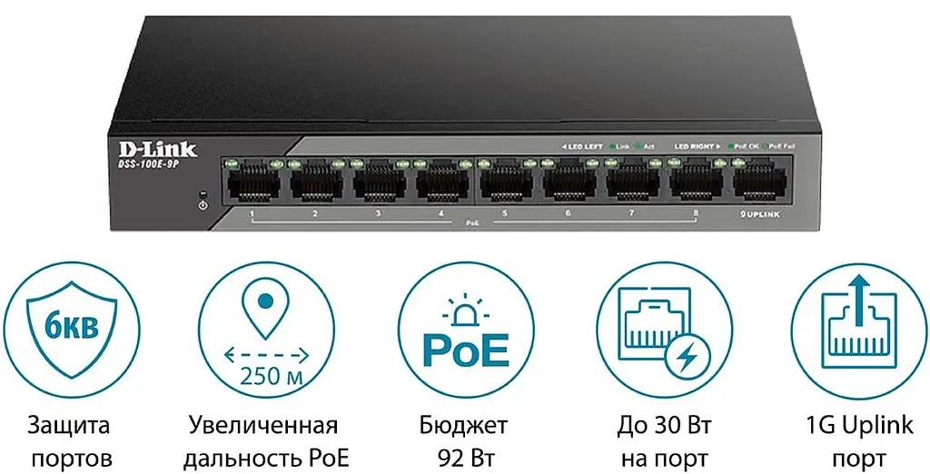 Комутатор D-Link DSS-100E-9P 8xFE PoE, 1xGE, 92W (DSS-100E-9P) - фото 3