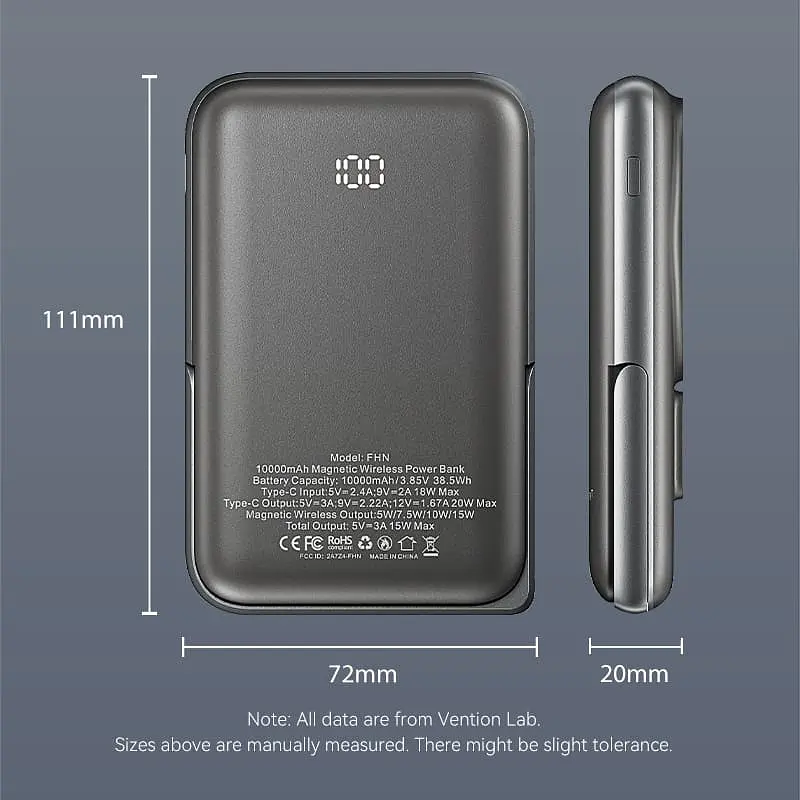 Універсальна мобільна батарея Vention Magnetic Wireless 10000mAh 20W PD USB-C In/Out, QI-15W Чорний - фото 3
