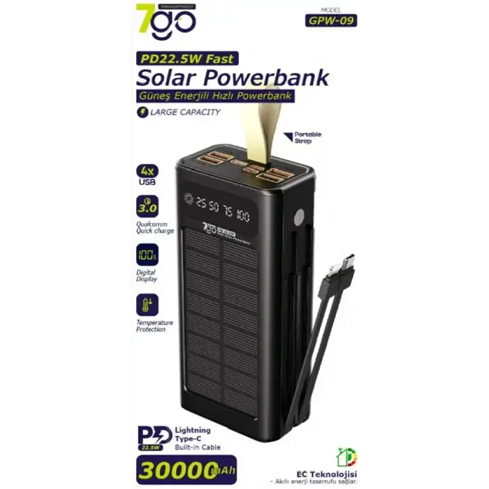 Power Bank 7GO GPW-09, ємність 30000 mAh, сонячна зарядка, вбудований кабель Lightning, LCD дисплей, чорний - фото 5