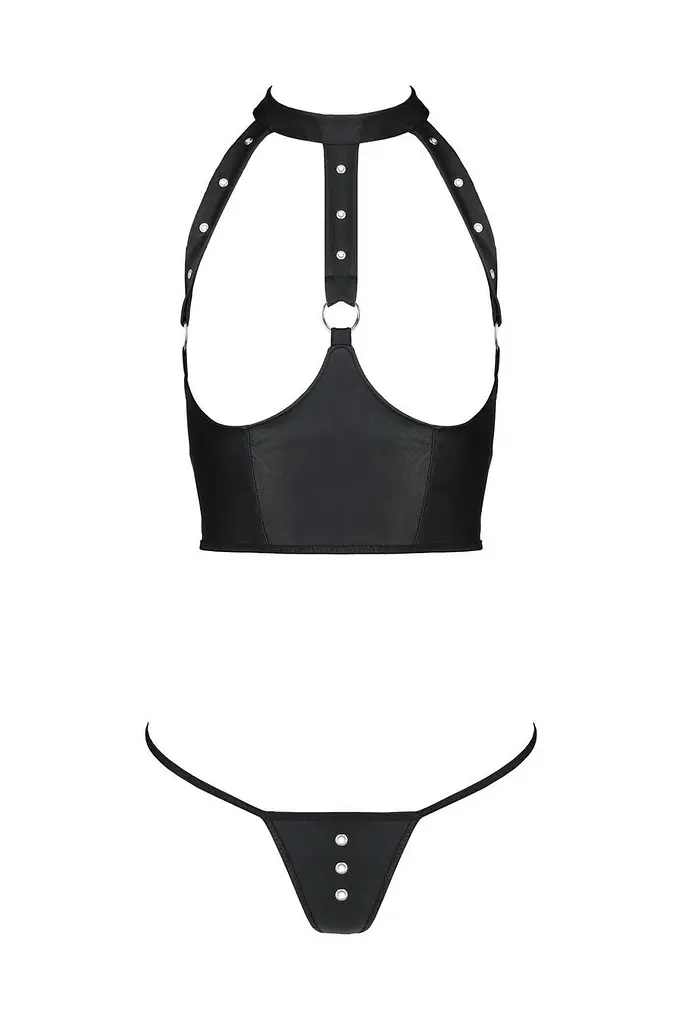 Комплект белья с открытой грудью Passion GENEVIA Set WITH OPEN BRA L/XL black корсет стринги - фото 3