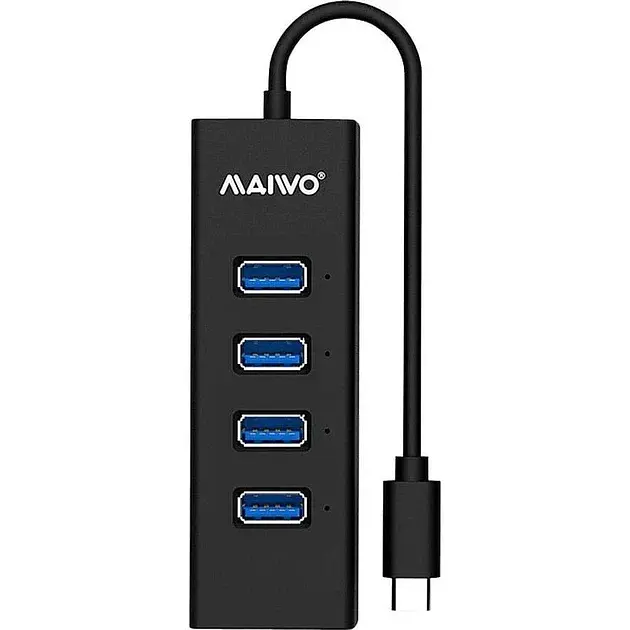 Хаб Maiwo USB Type-C to 4х USB3.0-порт, кабель 15 см, пластик, без БП, чорний (KH304C)