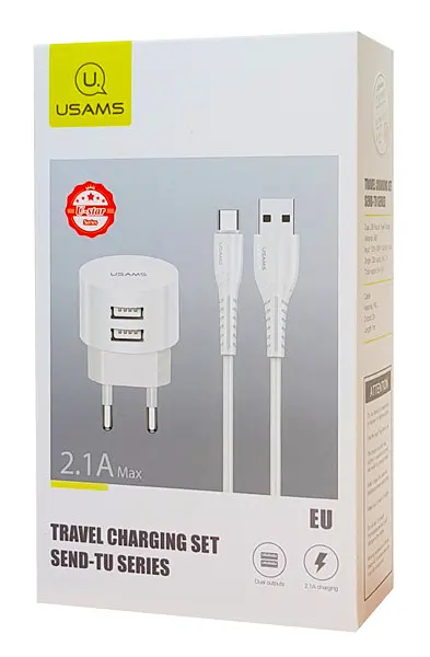 Зарядный набор Usams T20 2 выхода угловых USB (блок адаптер + кабель) белый - фото 2