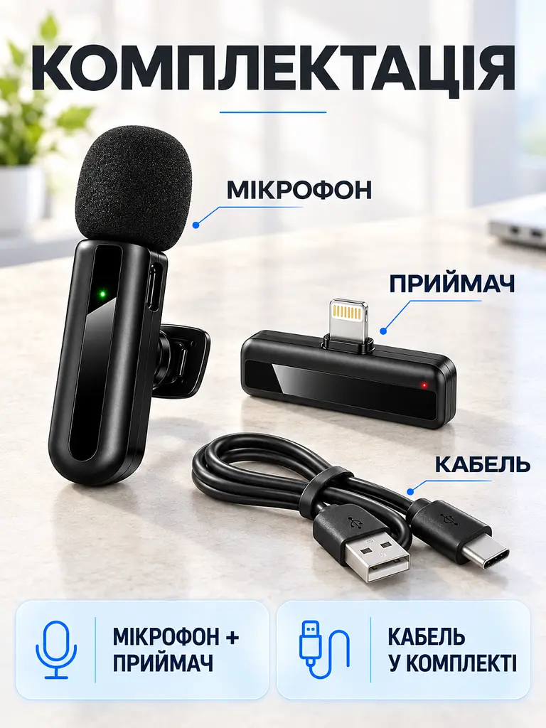 Бездротовий петличний мікрофон Lightning для iPhone чорний (37261569) - фото 8