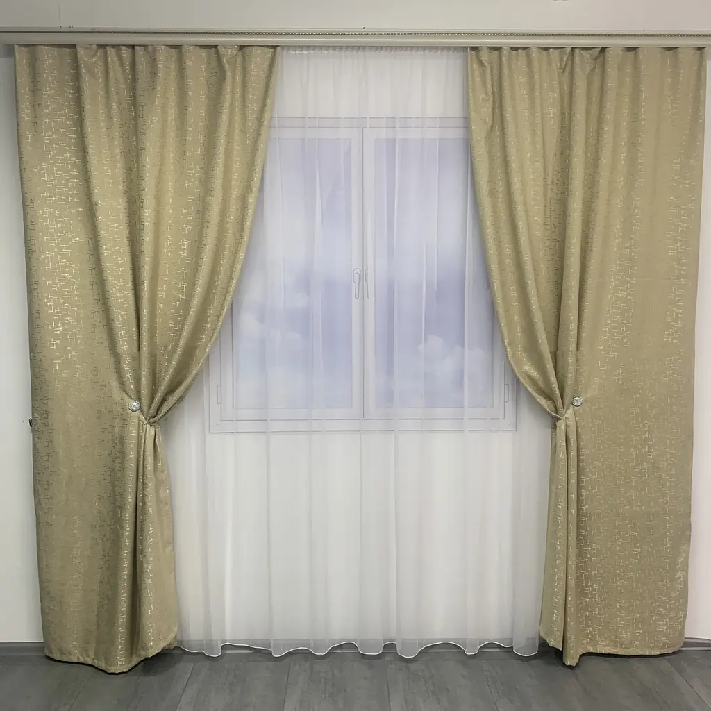 Льняні мармурові блекаут штори золотистого кольору 2шт. 150х270 з білим шифоновим тюлем 400х270, на т ALBO pbe0052664 - фото 6