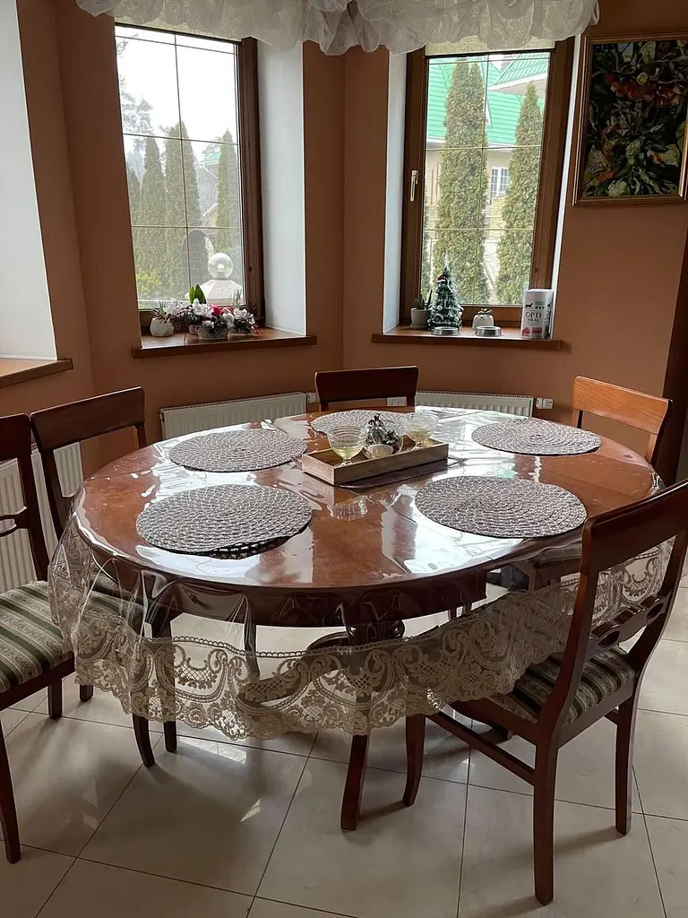 Силіконова скатертина овальна з мереживом Арка 15 см 340х140 см Бежевий + м'яке скло 315х35 см - фото 5