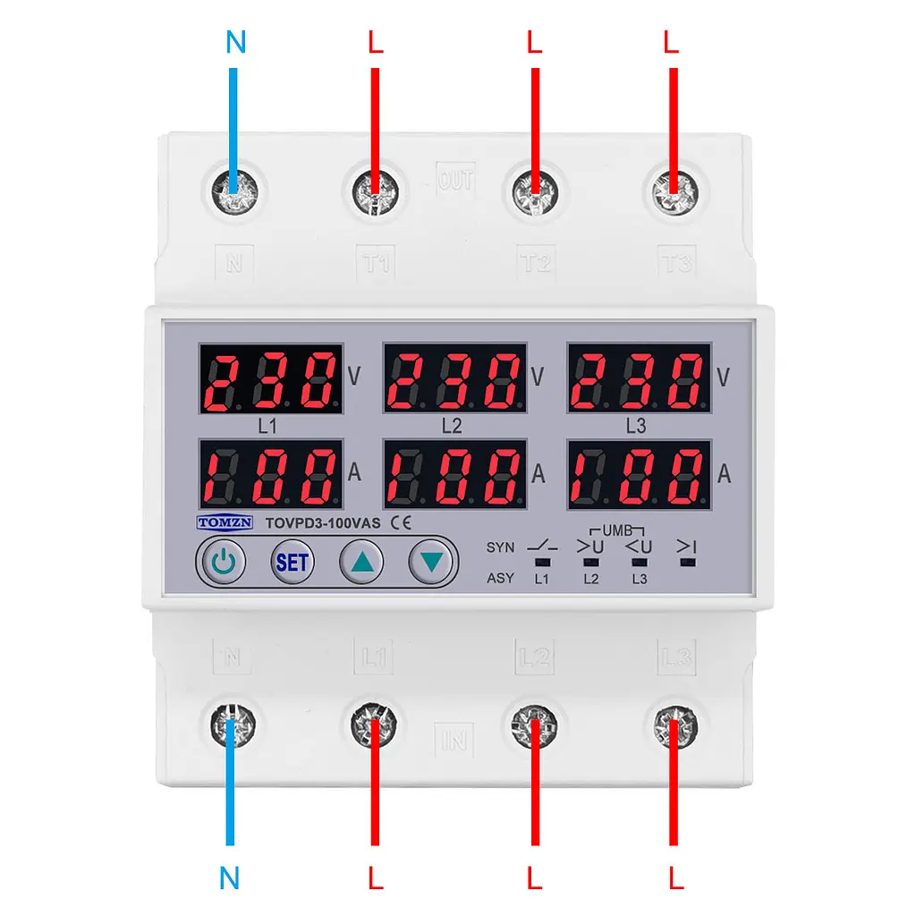 Цифрове реле контролю напруги та струму трифазне TOMZN TOVPD3-100VAS 100A 3x220V Розумний захисний автомат змінного струму (19601) - фото 5