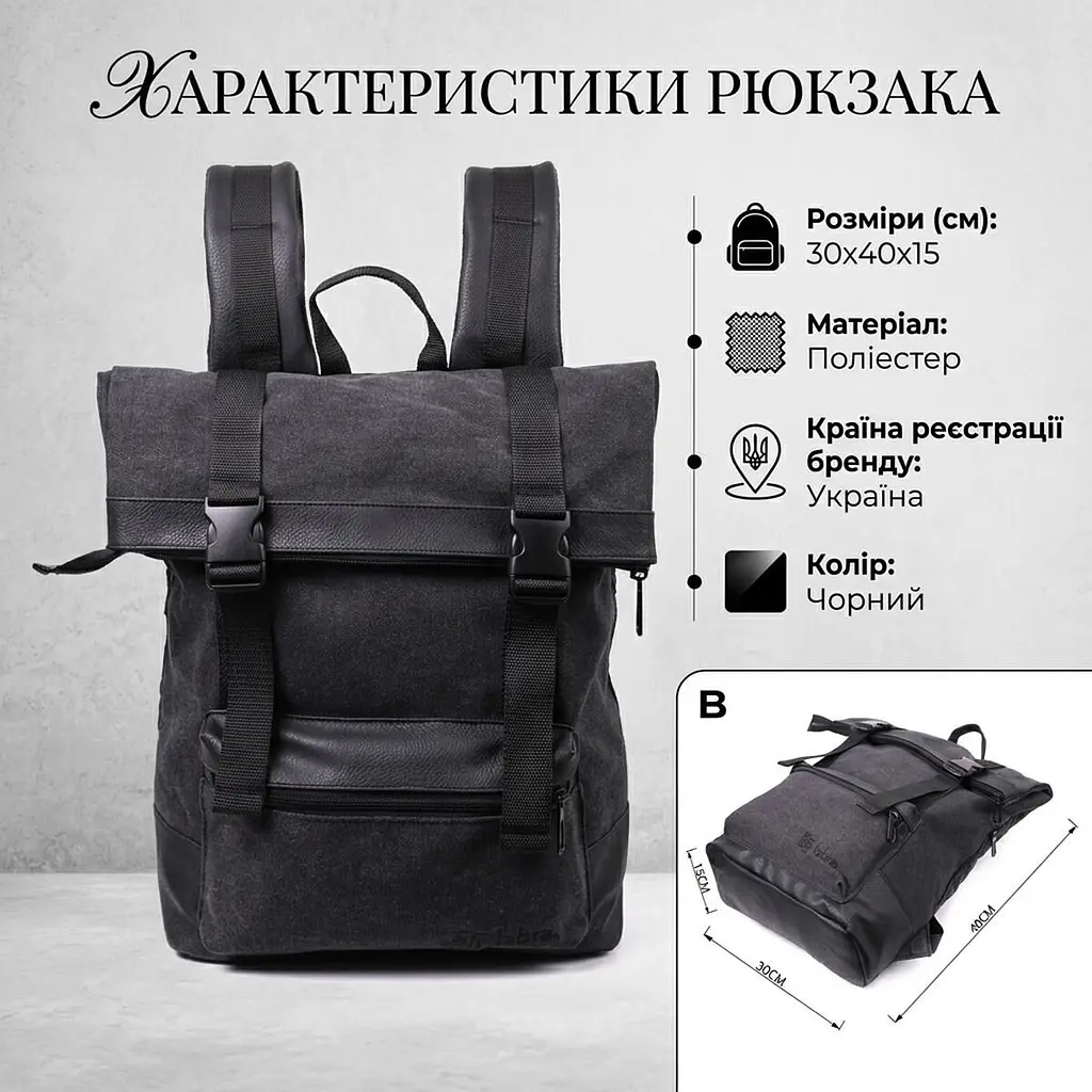 Добротний текстильний рюкзак для ноутбука із вставками еко-шкіри FABRA 22583 чорний - фото 4