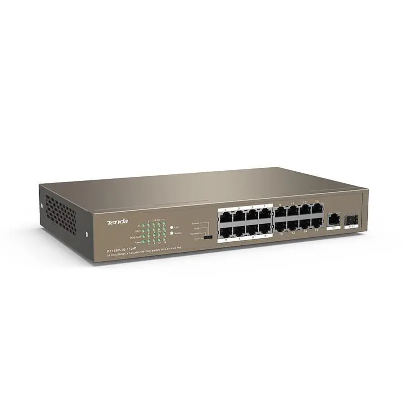 Комутатор Tenda TEF1118P-16-150W (16xFE PoE, 1xGE/SFP, 135Вт max) (TEF1118P-16-150W) - фото 3