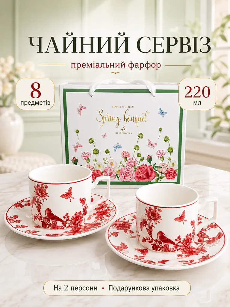 Чайний сервіз із порцеляни 8 предметів на 2 персони у подарунковій упаковці білий з червоним візерунком (37261979) - фото 2