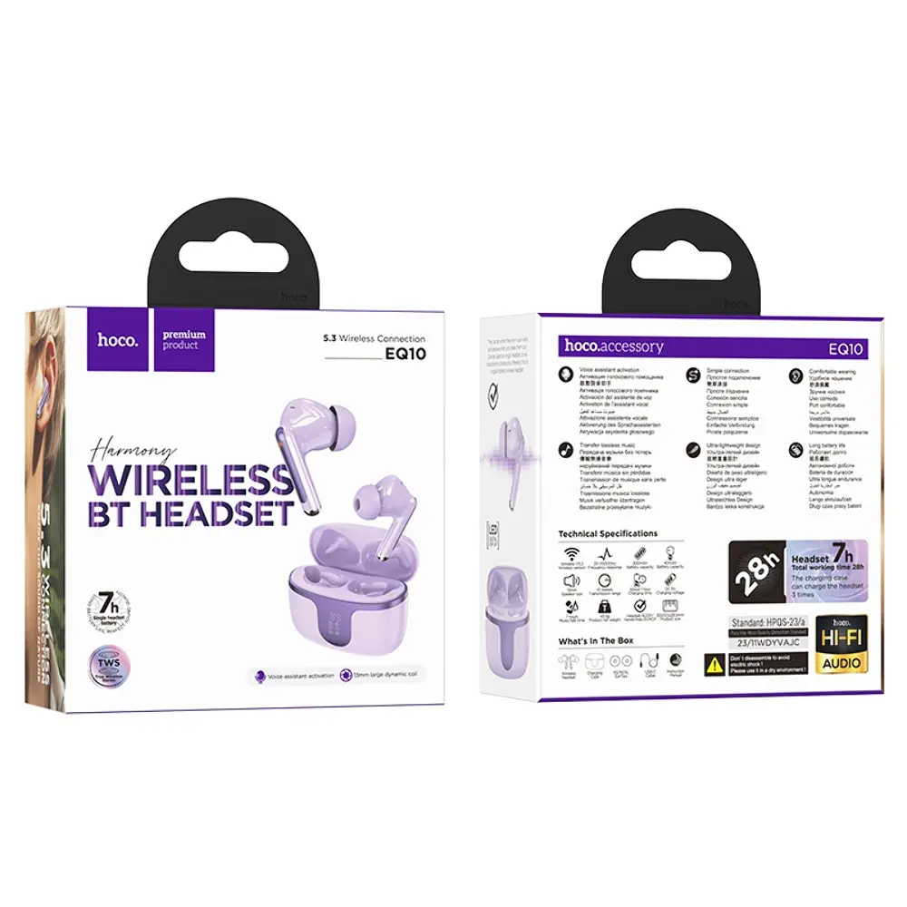 Бездротові TWS навушники Hoco EQ10, вакуумні, BT5.3, 40mAh, 300mAh, 7h, purple - фото 4